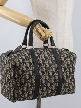 Christian Dior Trotter Canvas Boston Bag Navy Silver Auth 171932